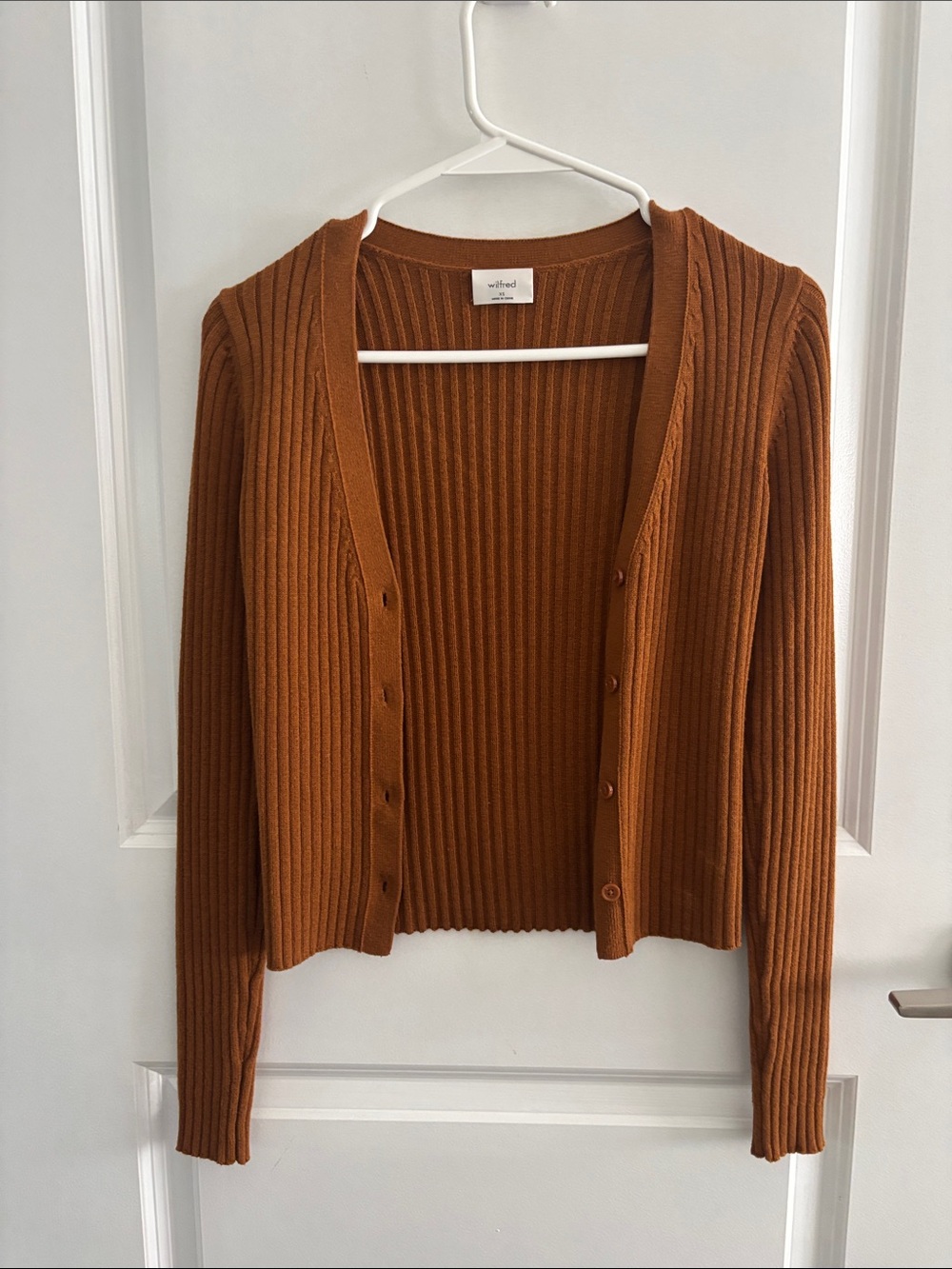 Wilfred Ribbed Button-Front Cardigan in Rust Brown - Picture 2 of 3